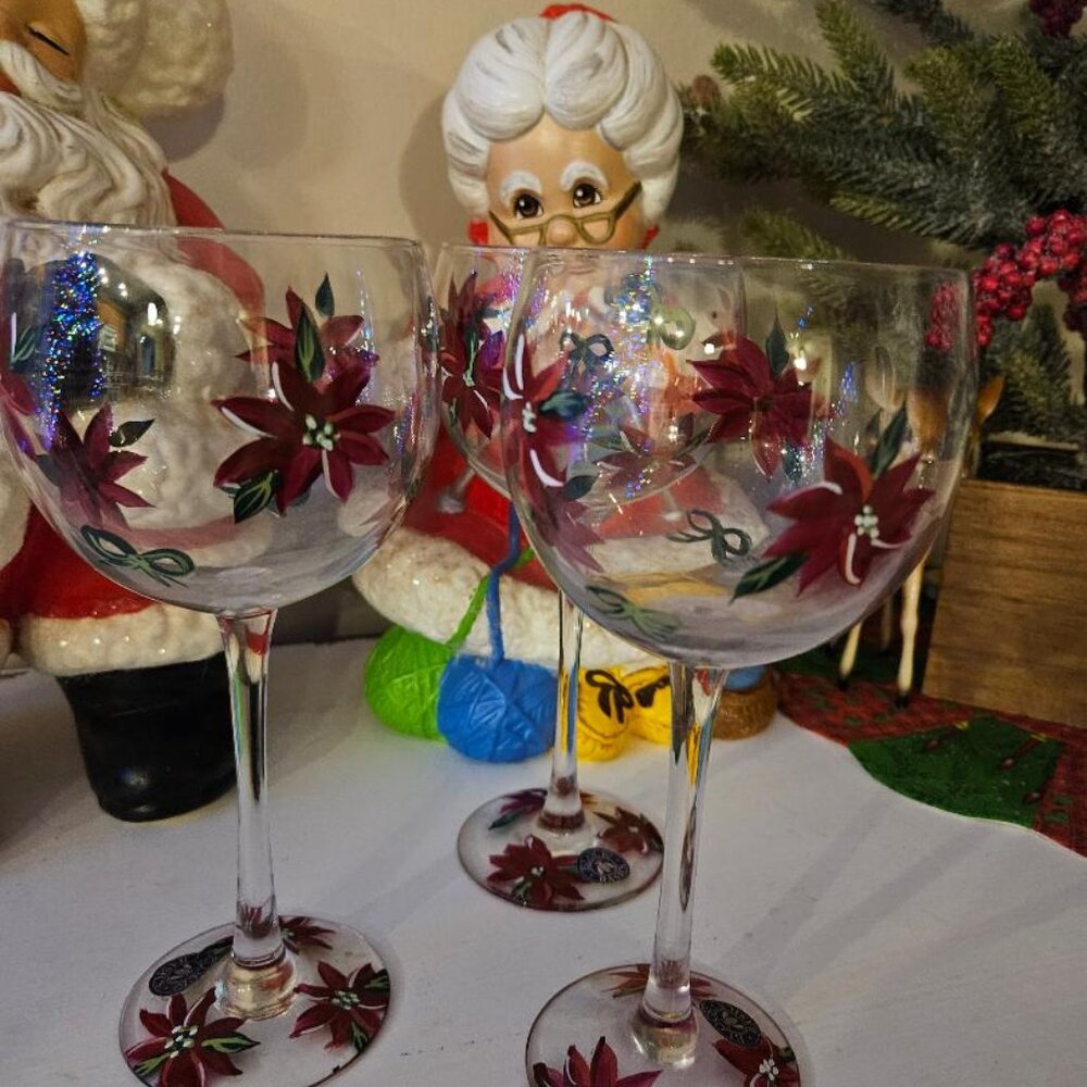 Block Basics Wine Glasses with Red Poinsettia Design Set of 3